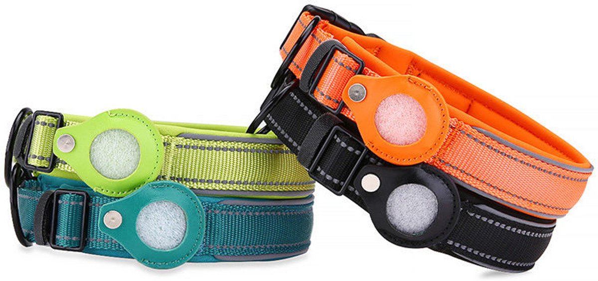 Hondenhalsband met Apple AirTag houder nylon reflecterend verstelbaar 40-45 cm zwart - Afbeelding 2