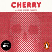 Boekcover van 'Cherry', een roman van Nico Walker, met de rode titel op een witte band boven een patroon van witte sterretjes op een rode achtergrond.