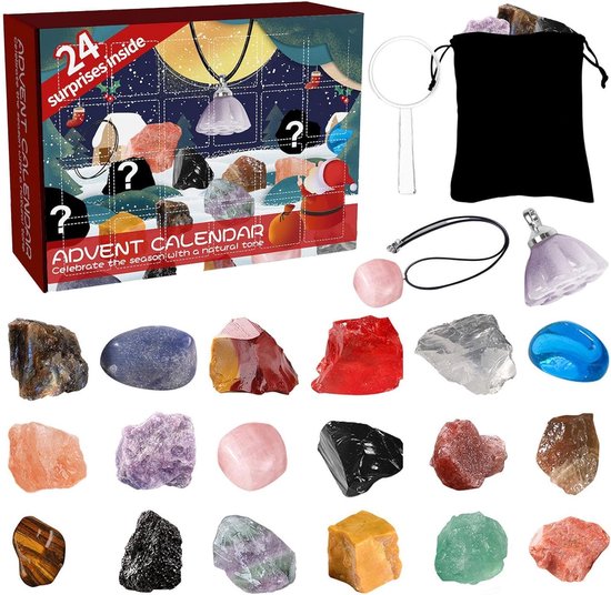 Adventskalender 2025-adventskalenders-adventkalender dames-Kerst Adventskalender - Adventskalender 2025 - 24 dagen verzamelbare mineralen edelstenen woondecoratie feest - Rood - 21x15x16,4 cm