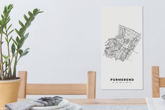 Canvas Schilderij Plattegrond – Purmerend – Zwart Wit – Stadskaart - Kaart - Nederland - 20x40 cm - Wanddecoratie