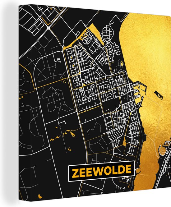 Canvas Schilderij Zeewolde - Black and Gold - Stadskaart - Plattegrond - Kaart - 20x20 cm - Wanddecoratie