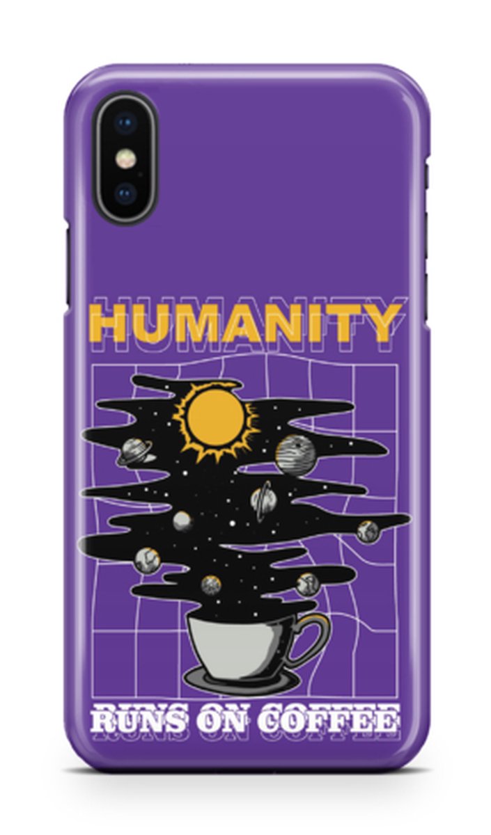 Telefoonhoesje geschikt voor Apple iPhone XS - Premium Hardcase - Dun en glanzend - Foodcollectie - Humanity Runs On Coffee - Paars