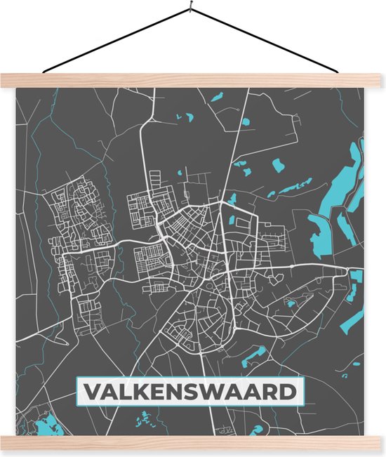 Posterhanger incl. Poster 60x60 cm - Schoolplaat - Valkenswaard - Blauw - Plattegrond - Kaart - Stadskaart - Textielposter - Blanke latten - Plattegrond