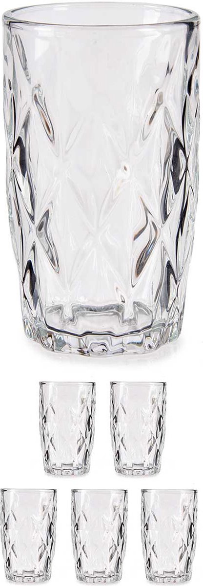 Set van 12x stuks luxe gedecoreerd glas drinkglazen/waterglazen van 340 ml transparant - Formaat per glas 8 x 12.5 cm