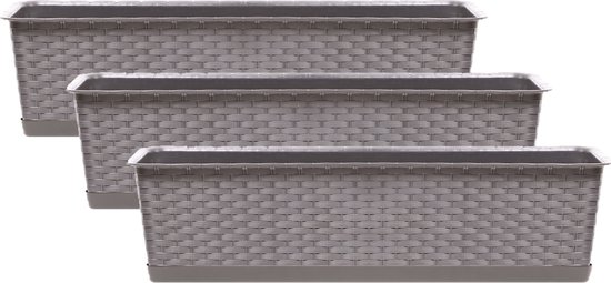 Set de 3 jardinières/bacs à fleurs en rotin Ratolla en plastique taupe 6,3 litres - 40 x 17 x 15 cm - Avec soucoupe de collection