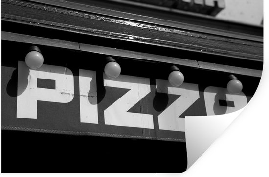 Muurstickers - Sticker Folie - Pizza restaurant uithangbord - zwart wit - 30x20 cm - Plakfolie - Muurstickers Kinderkamer - Zelfklevend Behang - Zelfklevend behangpapier - Stickerfolie