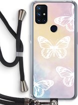 Case Company® - OnePlus Nord N10 5G hoesje met Koord - White butterfly - Telefoonhoesje met Zwart Koord - Bescherming aan alle Kanten en Over de Schermrand