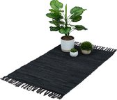 Relaxdays vloerkleed - leder en katoen - 60 x 110 cm - tapijt - franjes - diverse kleuren - zwart