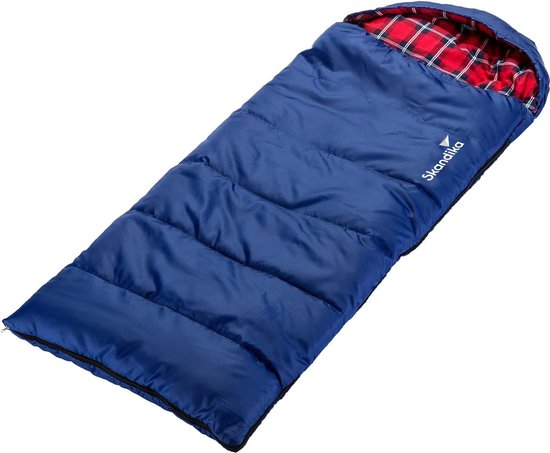 Skandika Dundee Junior Slaapzak – Dekenmodel slaapzakken – Slaapzak kinderen – Zachte binnenvoering, katoen, waterafstotend, draagtas meegeleverd, van 13°C tot 3°C - 160 x 62 cm - Outdoor kampeerslaapzak – Max. Lichaamslengte 140 cm - blauw/rood