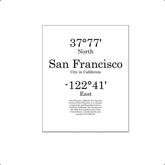 Affiche Villes San Francisco avec Position Degrés et Texte - Décoration murale - Minimaliste - 50x40cm - PosterCity