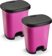 2x Stuks kunststof afvalemmer/vuilnisemmer/pedaalemmer in het roze/zwart van 18 liter met deksel/pedaal 33 x 28 x 40 cm