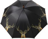 Paraplu - zwart met hertenkop - polyester - eucalyptushout - 105 x 105 x 88 cm