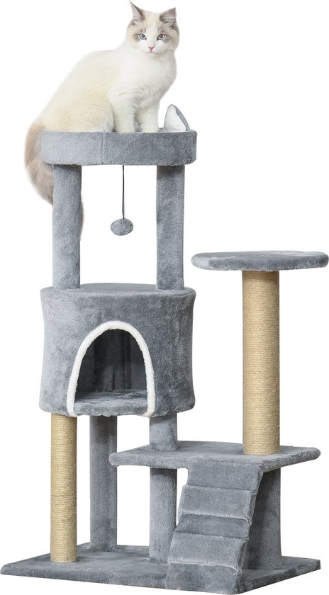 PawHut Krabpaal Kattenboom Met Kattengrot Trap Spaanplaat Jute Grijs D30 360 2