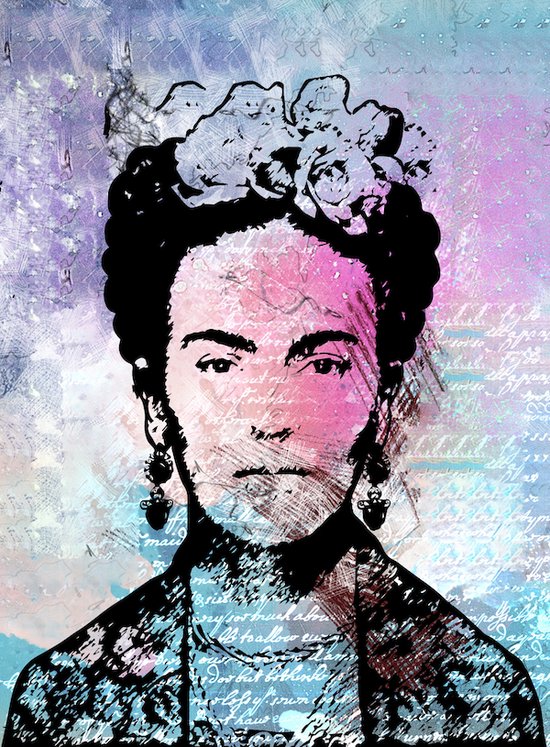 Poster - Frida Kahlo, roze/blauw/zwart, Mexicaanse surrealistische kunstschilderes