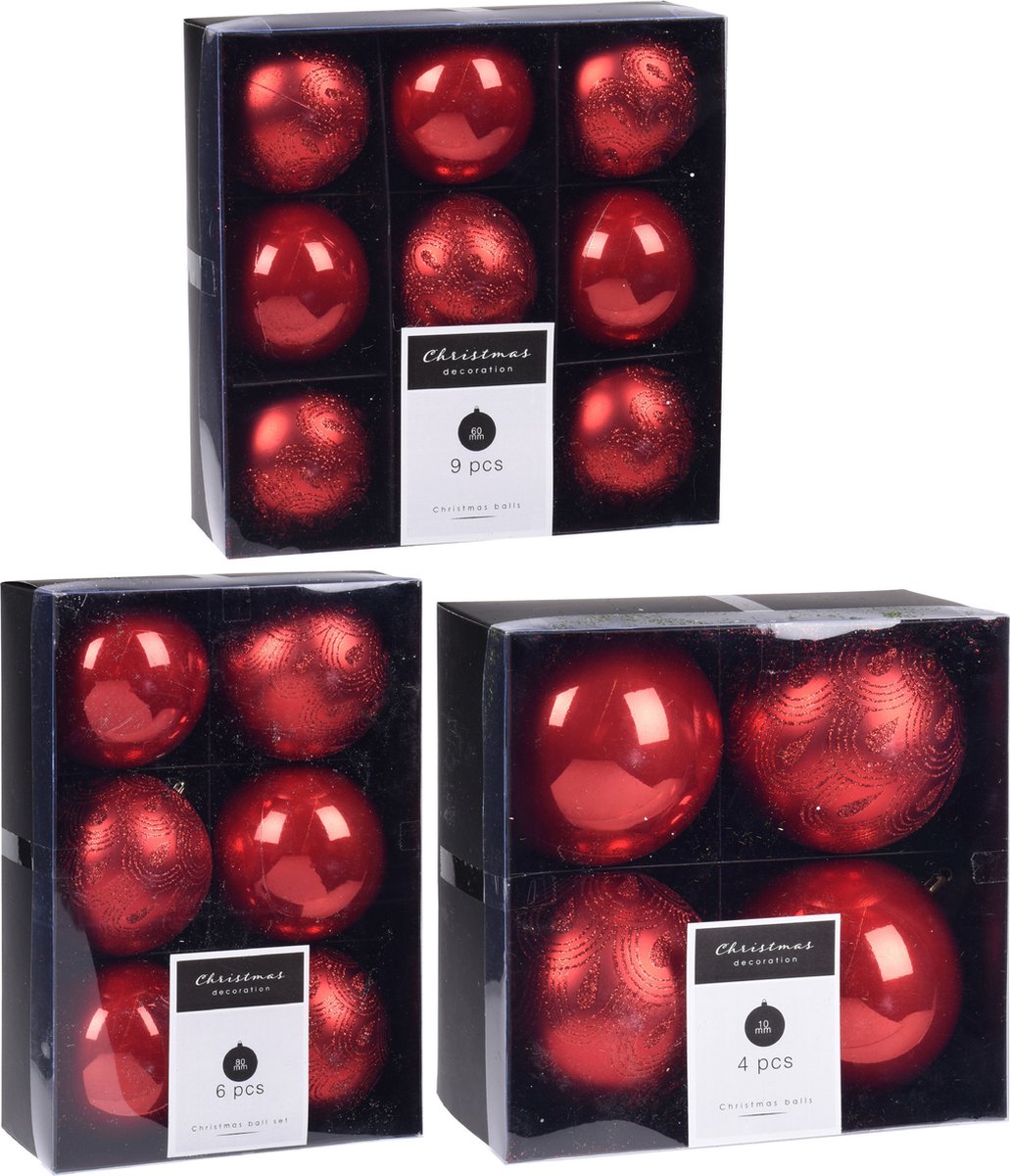 Kerstversiering kunststof kerstballen rood 6-8-10 cm pakket van 38x stuks - Kerstboomversiering - Luxe finish motief