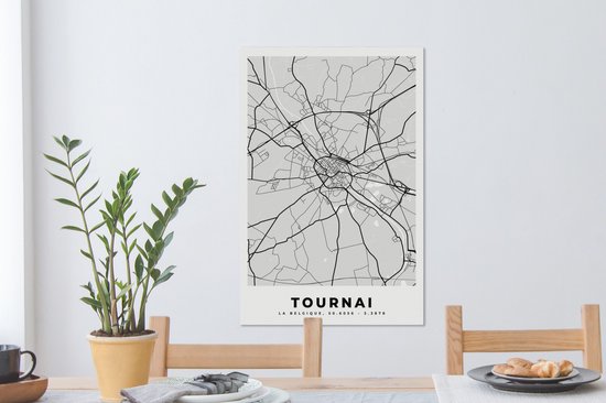 Toile Peinture Plan de Ville - Carte - België - Zwart Wit - Tournai - Carte - 40x60 cm - Décoration murale