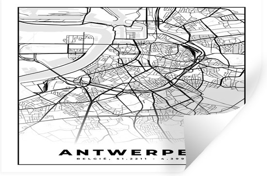 Stickers muraux - België - Anvers - Plan de la ville - Carte - Zwart Wit - Carte - 30x20 cm - Feuille adhésive