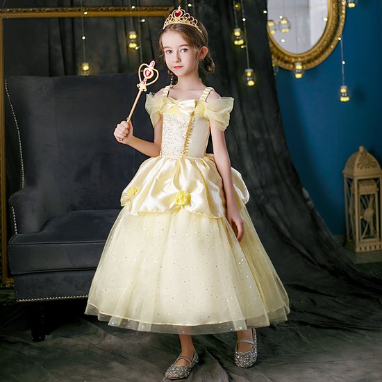 Robe Joya Beauty® Belle Dress Up | Princesse Robe | Déguisements La Belle et la Bête | Taille 116-122 (120) + couronne, bâton, Gants, collier, Ring et boucles d' Boucles d'oreilles GRATUITS