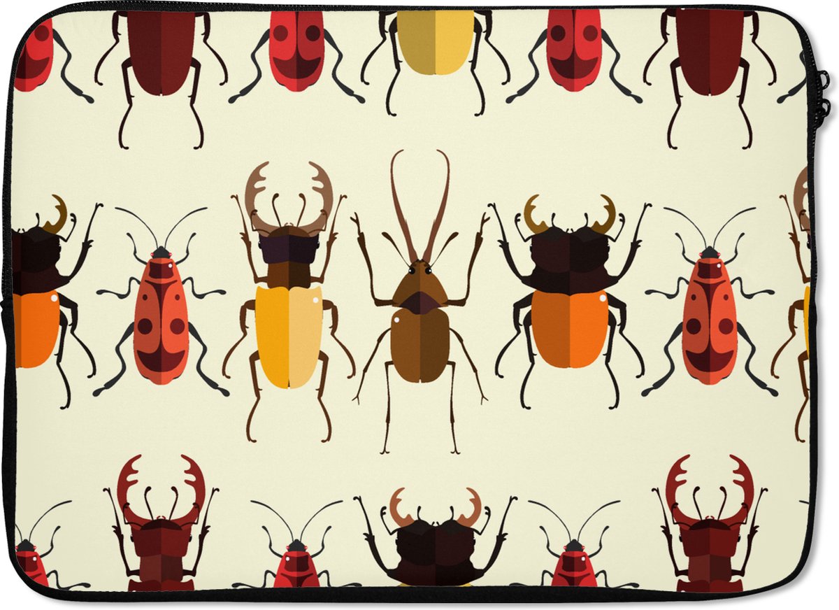 Laptophoes 14 inch - Kever - Patronen - Insecten - Laptop sleeve - Binnenmaat 33x23 cm - Zwarte achterkant