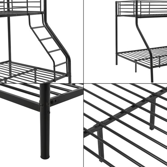 Gedetailleerde foto's van een zwart metalen stapelbed. Zijaanzicht, detail ladder en bedbodem.