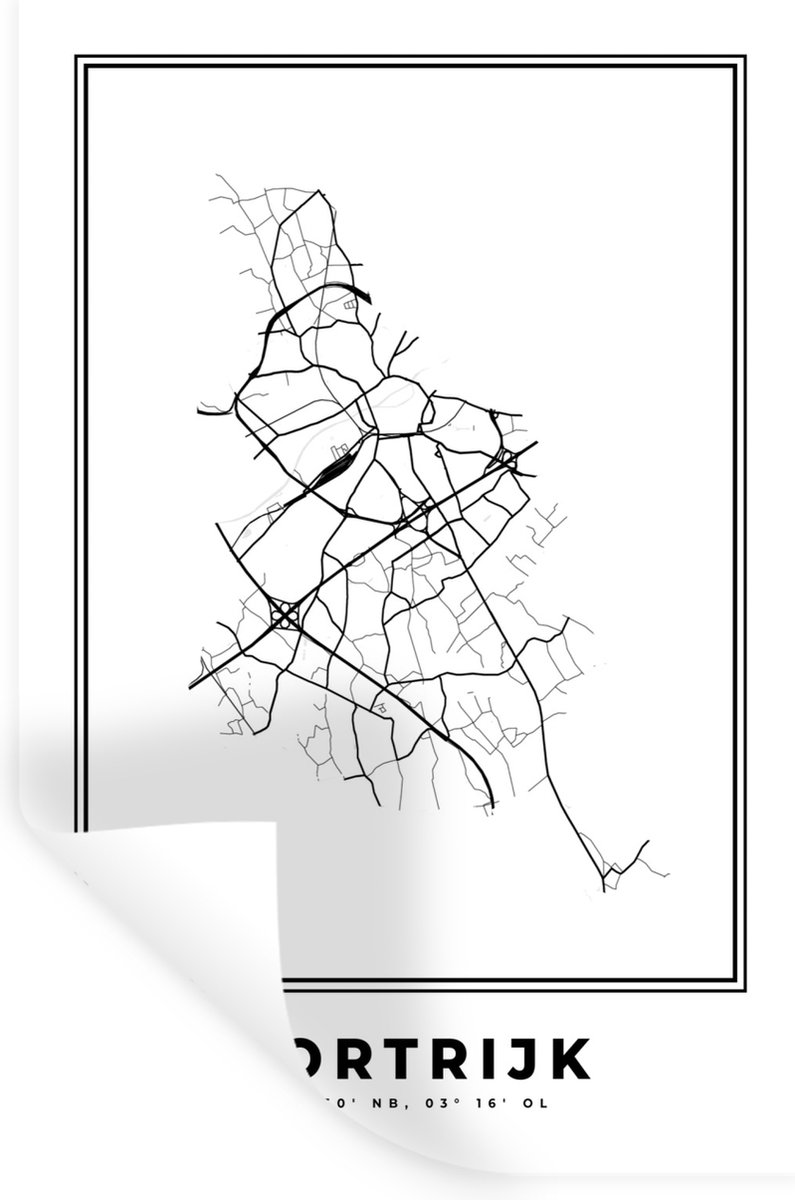 Muurstickers - Sticker Folie - Stadskaart – Zwart Wit - Kaart – Kortrijk – België – Platte