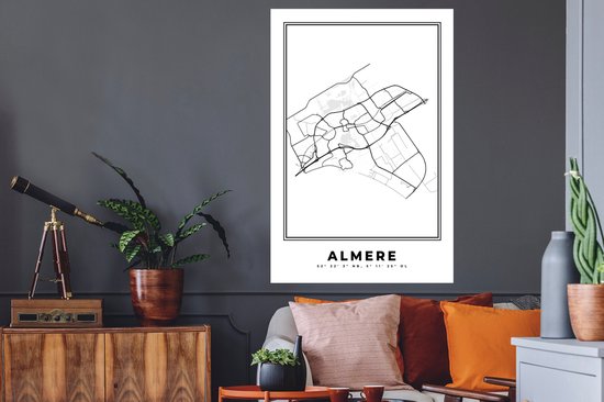 Stickers muraux - Plan de la ville - Zwart Wit - Carte - Almere - Pays- Nederland - Carte - 80x120 cm - Feuille adhésive