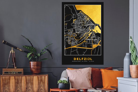Stickers muraux - Delfzijl - Black and Gold et Or - Carte - Plan de la ville - Carte - 80x120 cm - Feuille adhésive