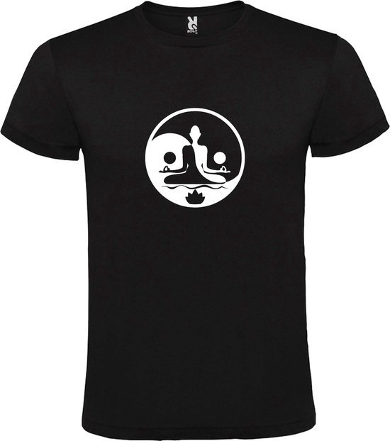 Zwart  T shirt met  print van  "mooie Boeddha in Yin Yang cirkel in meditatiehouding / Zen" print Wit size XXXXL