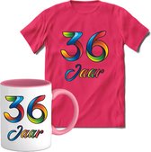 36 Jaar Vrolijke Verjaadag T-shirt met mok giftset Roze | Verjaardag cadeau pakket set | Grappig feest shirt Heren – Dames – Unisex kleding | Koffie en thee mok | Maat L