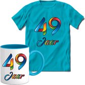 49 Jaar Vrolijke Verjaadag T-shirt met mok giftset Blauw | Verjaardag cadeau pakket set | Grappig feest shirt Heren – Dames – Unisex kleding | Koffie en thee mok | Maat L