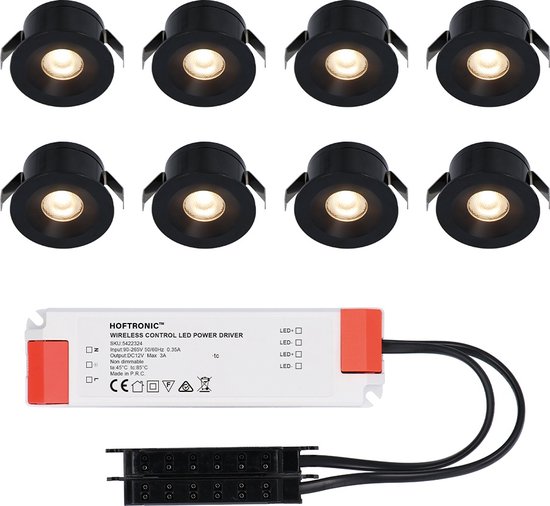 8x Cadix - Mini spot encastrable LED 12V noir avec transformateur