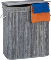 Relaxdays 1x wasmand met deksel - 2 vakken - bamboe wasbox - mand voor wasgoed - grijs