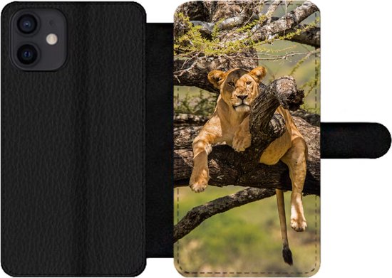 Bookcase pour téléphone iPhone 12 Bookcase - Lion - Arbre - Marron - Avec compartiments - Étui portefeuille avec fermeture magnétique