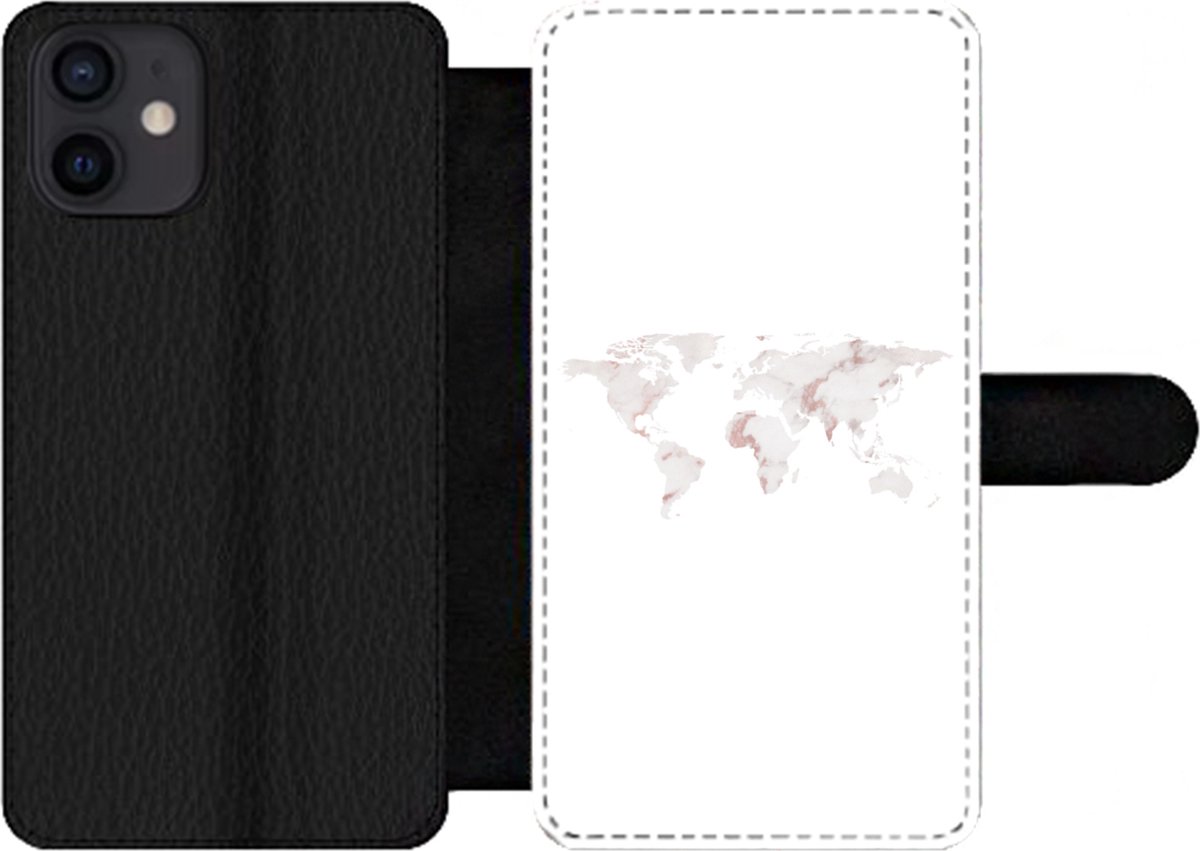 Telefoonhoesje Geschikt voor iPhone 12 telefoonhoesje - Wereldkaart - Marmer print - Kaart - Met vakjes - Wallet case met magneetsluiting