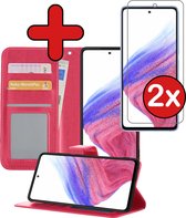 Samsung Galaxy A53 Hoesje Book Case Hoes Portemonnee Cover Met 2x Screenprotector - Samsung Galaxy A53 Case Hoesje Wallet Case - Donker Roze