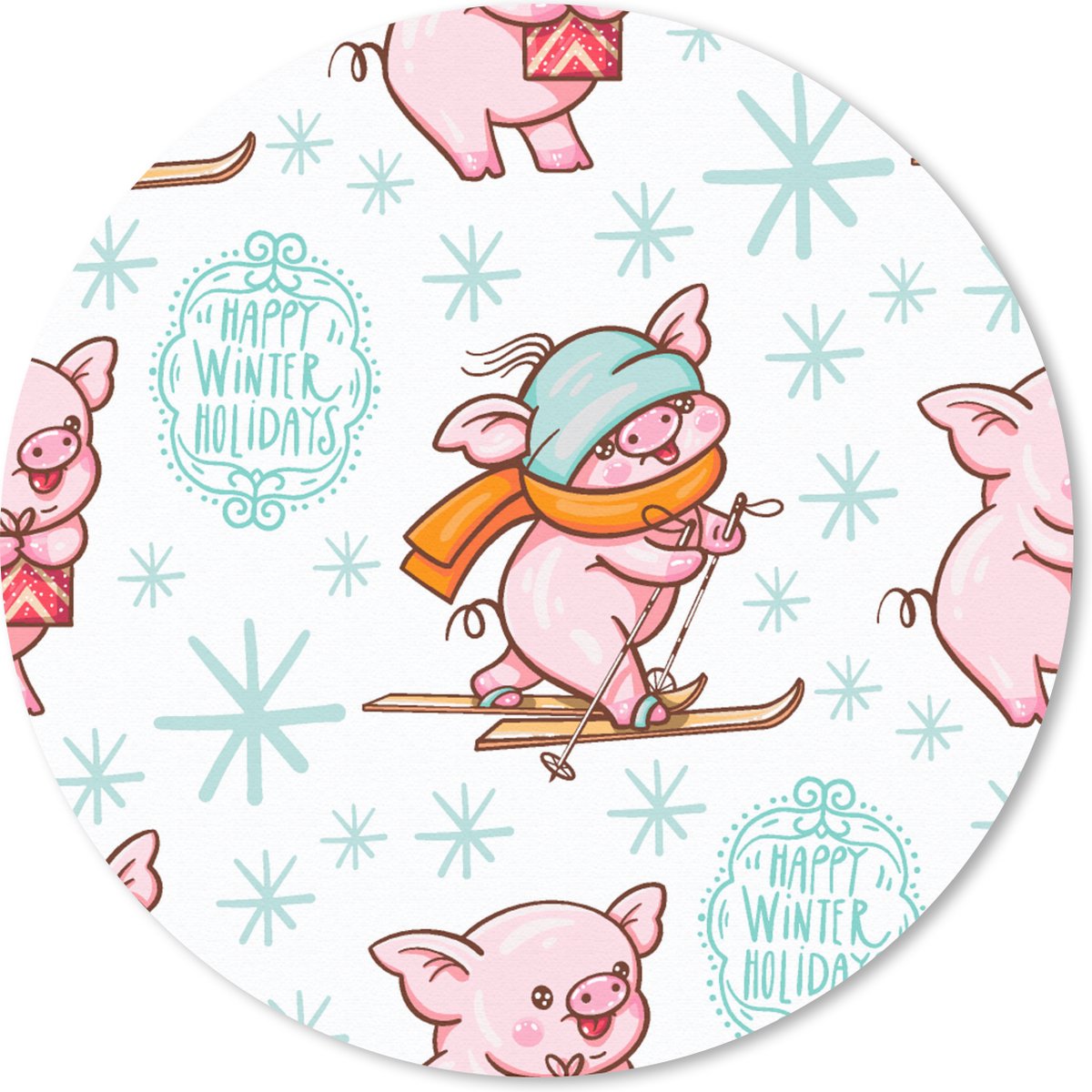 Muismat rond 50x50 cm - Mousepad Winter - Varkens - Sneeuw - Patroon - Skiën - Ronde muismatten