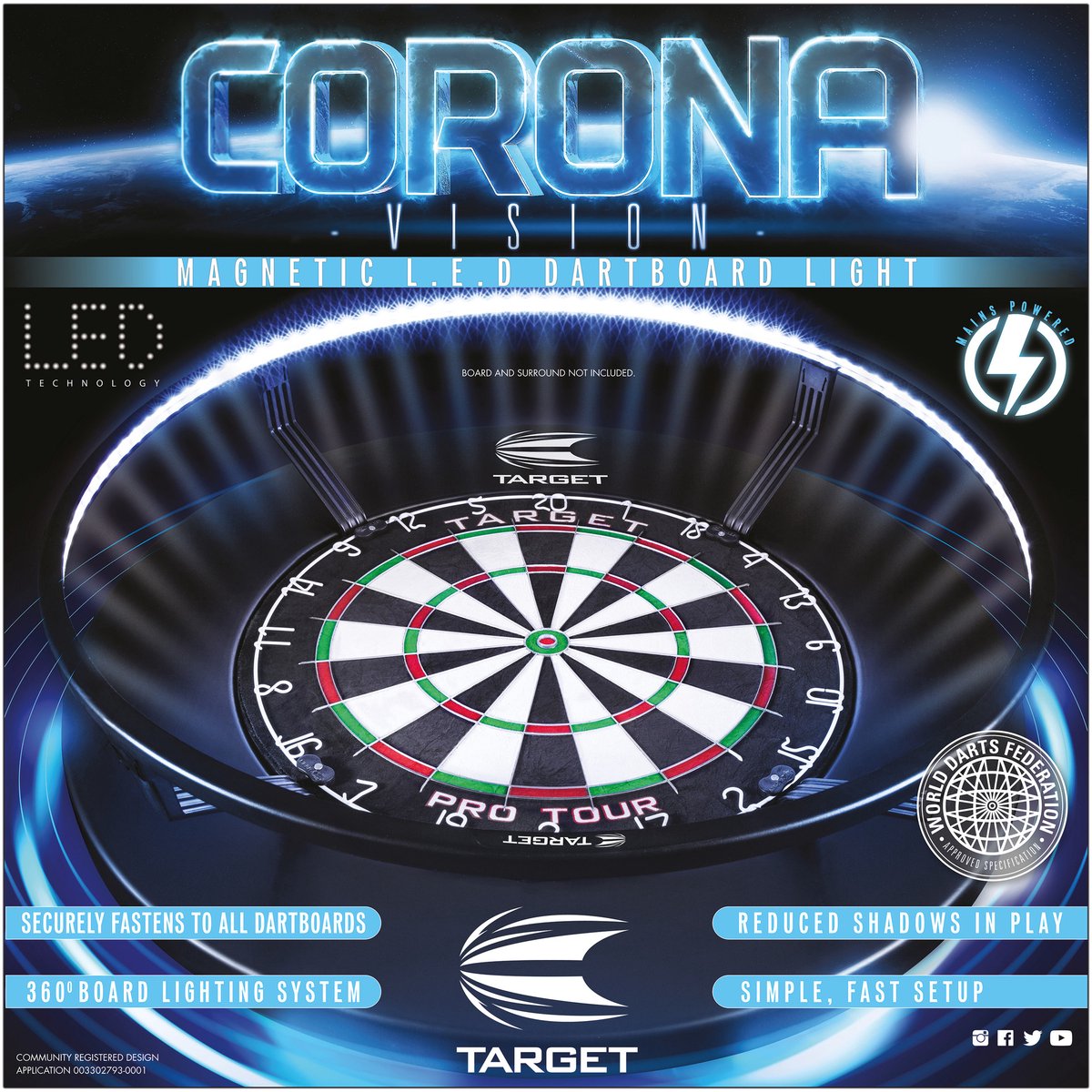 Target Darts Corona Vision Dartbord Verlichtingssysteem, Zwart Frame | Witte LED Dartbord Surround Ring Licht met Magnetische Voeten | Schaduw Eliminerende Dartbord Verlichting | Professionele Darts Accessoires