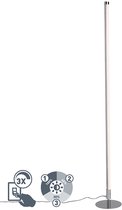 Moderne, dimbare staande lamp met een slanke, rechte lichtbron op een ronde voet. Inclusief bedieningspaneel met instelbare helderheid.