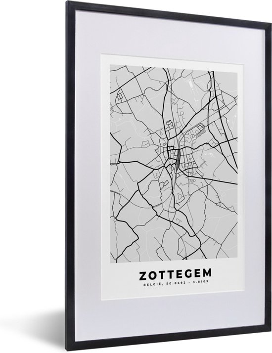 Carte de ville noir et blanc de Zottegem dans une affiche encadrée de noir.