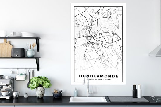 Poster Plan de Ville – Zwart Wit - Carte – Termonde – België – Carte - 80x120 cm