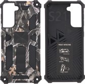 Samsung Galaxy S21 Hoesje - Rugged Extreme Backcover Takjes Camouflage met Kickstand - Grijs