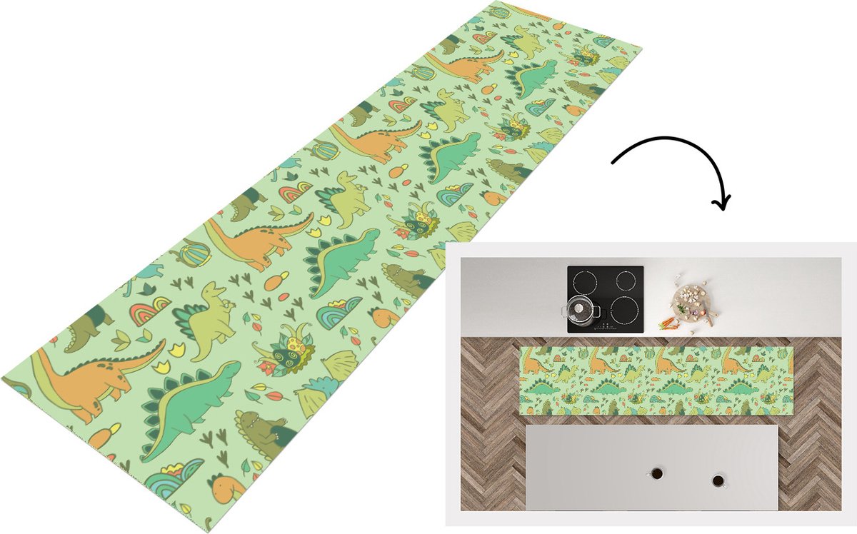 KitchenYeah Keukenloper - Loper keuken - Patronen - Dino - Groen - 240x60 cm - Keukenloper vinyl Multicolor