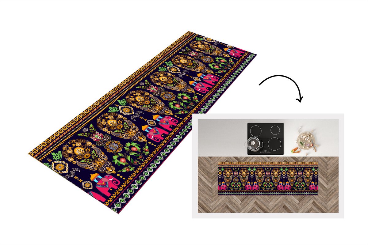 KitchenYeah Keukenloper - Loper keuken - Patronen - Olifant - Roze - 180x60 cm - Keukenloper vinyl Multicolor