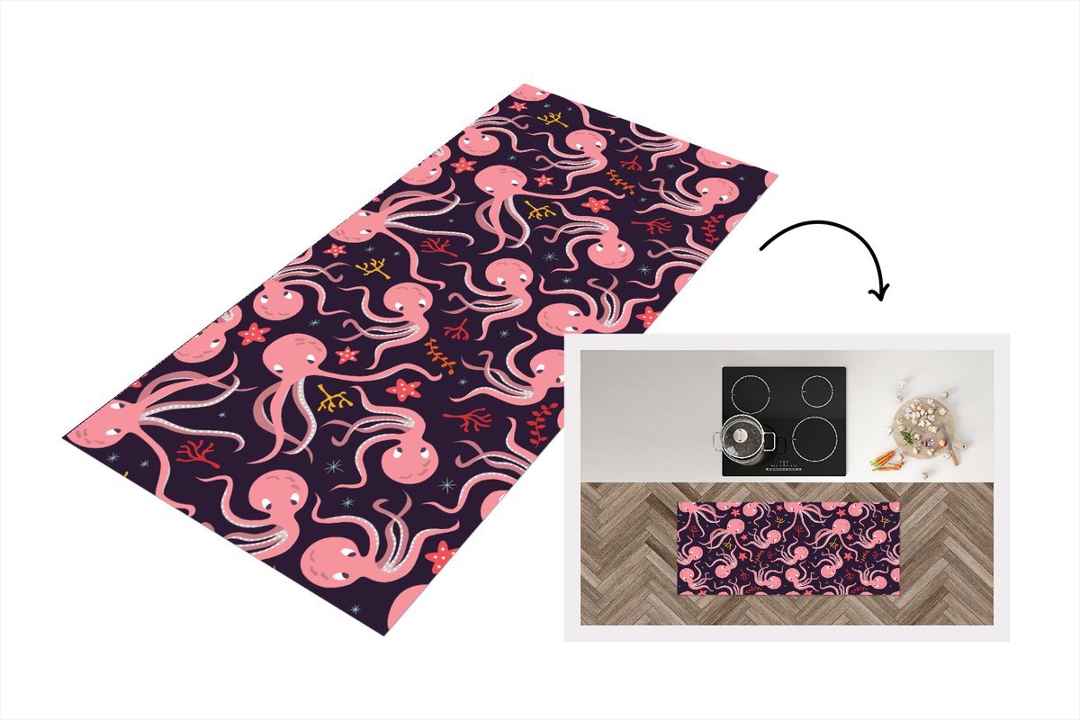 KitchenYeah Keukenloper - Loper keuken - Octopus - Baby - Design - 120x50 cm - Keukenloper vinyl Multicolor