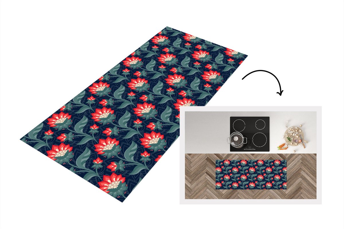KitchenYeah Keukenloper - Loper keuken - Design - Bloemen - Rood - 120x50 cm - Keukenloper vinyl Multicolor