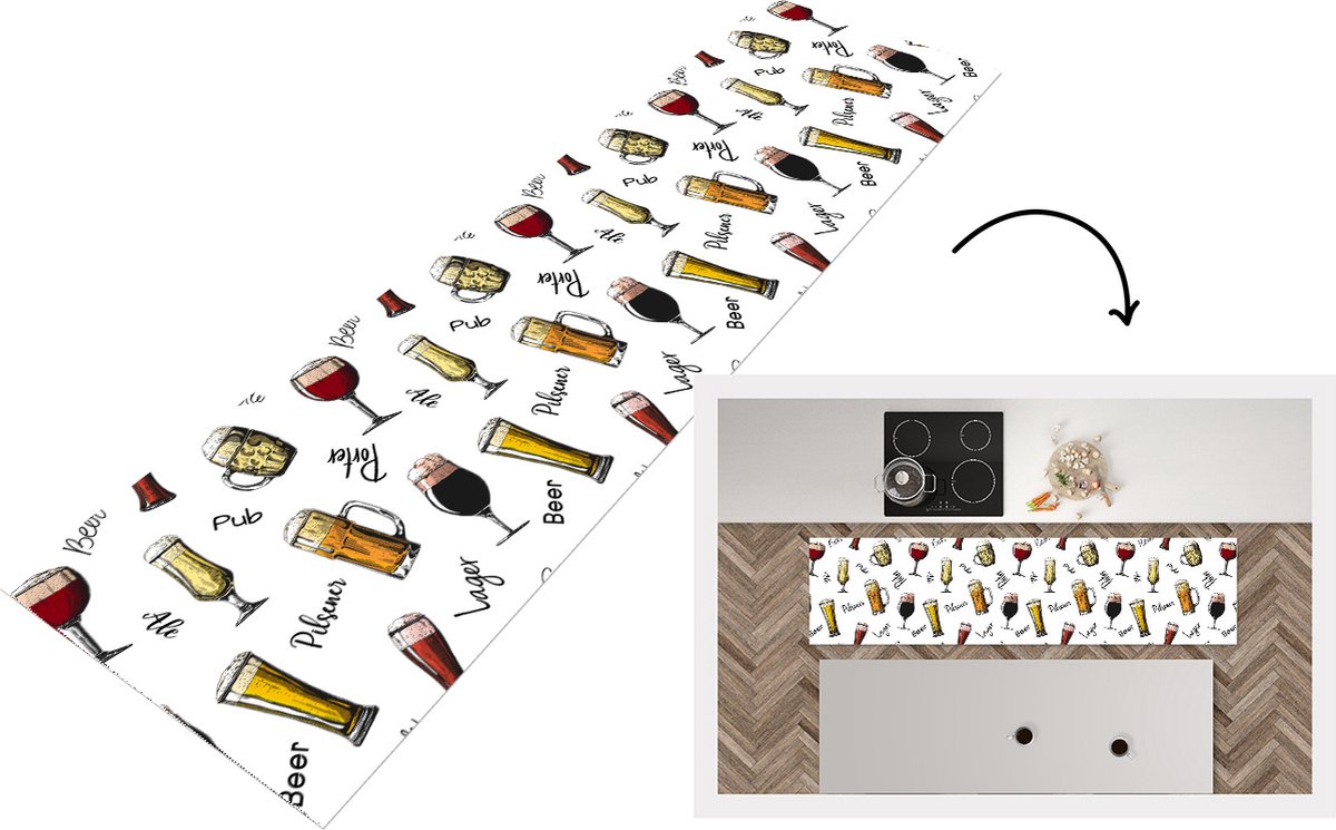 KitchenYeah Keukenloper - Loper keuken - Bier - Glazen - Patroon - 200x50 cm - Keukenloper vinyl Multicolor
