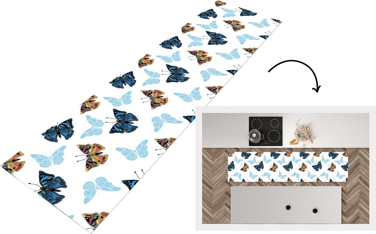 KitchenYeah Keukenloper - Loper keuken - Vlinder - Insecten - Patronen - Zomer - 200x50 cm - Keukenloper vinyl Multicolor