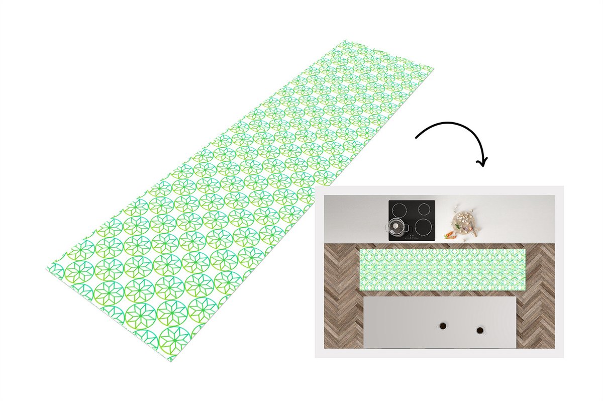 KitchenYeah Keukenloper - Loper keuken - Groen - Sterren - Patronen - Cirkel - 200x50 cm - Keukenloper vinyl Multicolor