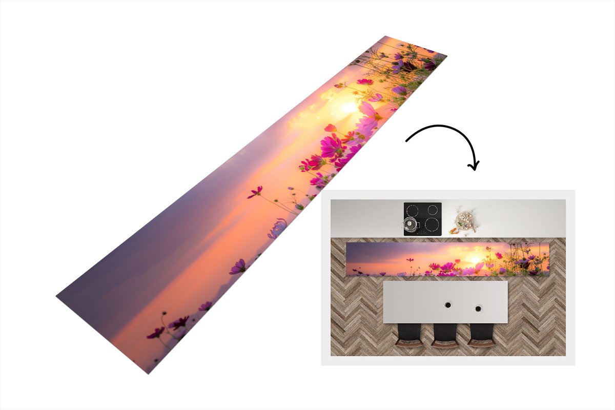 KitchenYeah Keukenloper - Loper keuken - Zonsondergang - Bloemen - Roze - 300x50 cm - Keukenloper vinyl Multicolor