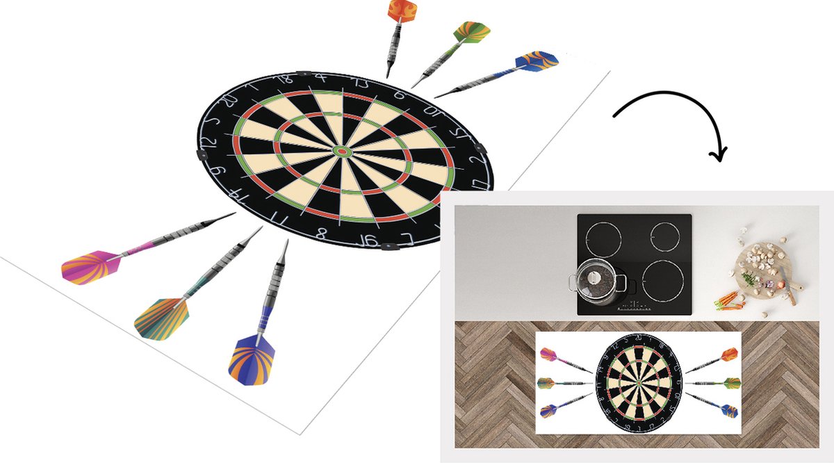 KitchenYeah Keukenloper - Loper keuken - een dartbord en zes pijlen - 120x60 cm - Keukenloper vinyl Multicolor